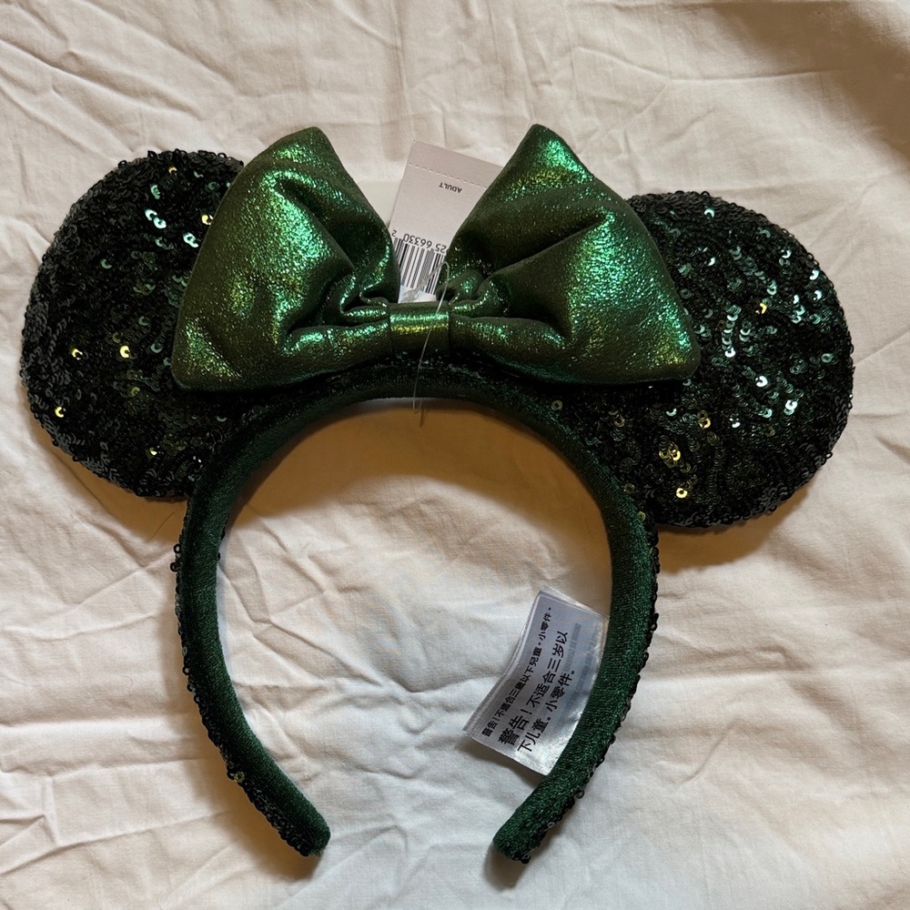 Disney Emerald Green Sequin Minnie Ear Headband with Shiny Bow